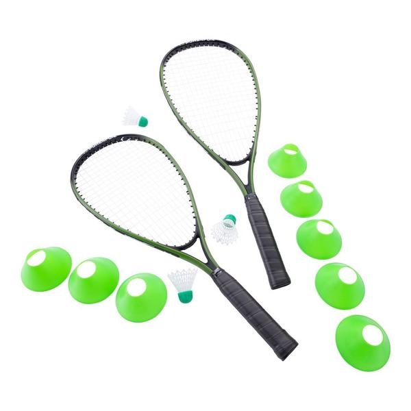 p4f200040-set-de-badminton-de-2-raquettes-3-volants-de-vitesse-8-cones-en-plastique-dans-un-sac-de-transport-avec-etiquette-volante-pure4fun-fc-black-green-58x21-cm